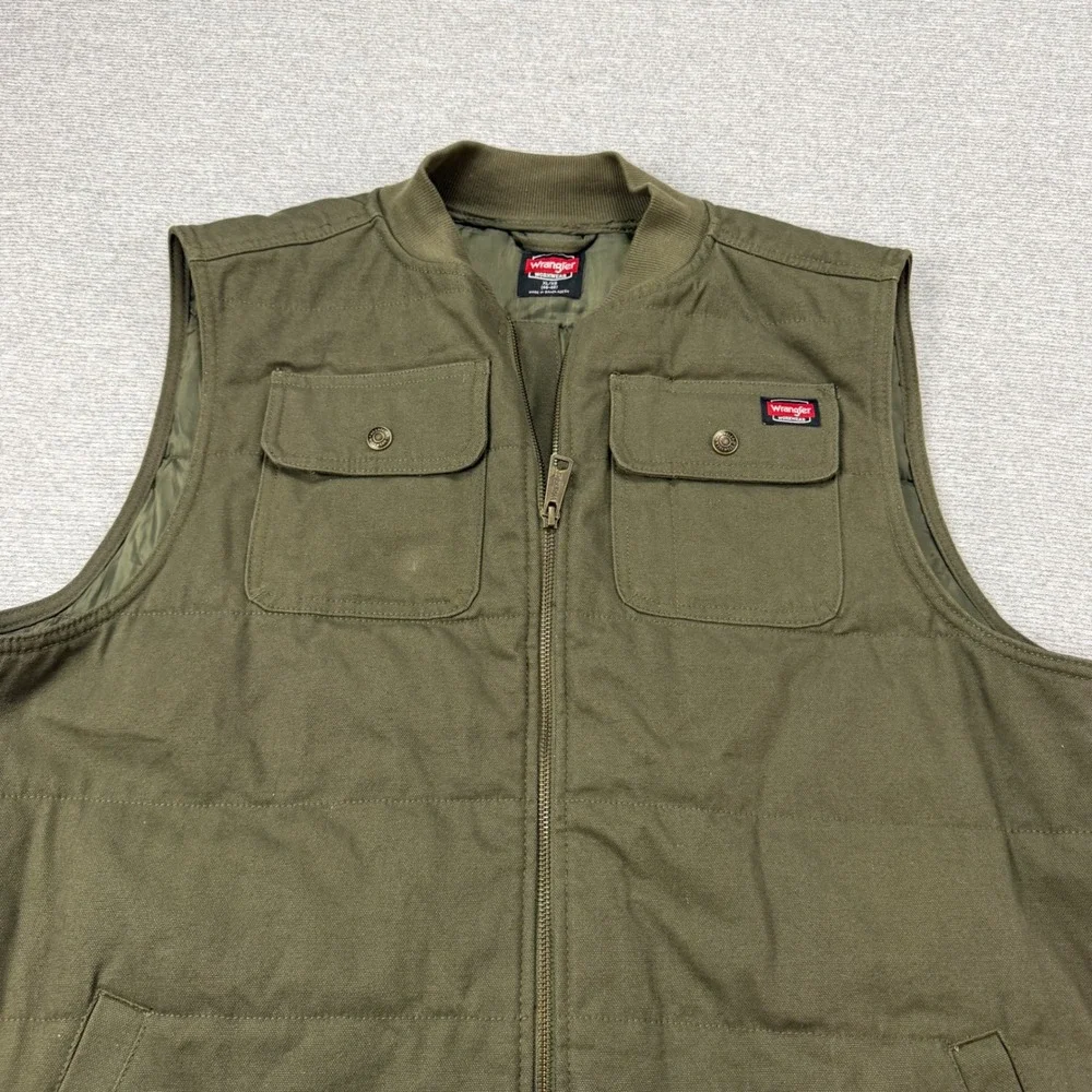 Wrangler Workwear Mens XL Canvas Quilted Utility Vest Olive Green Full Zip
